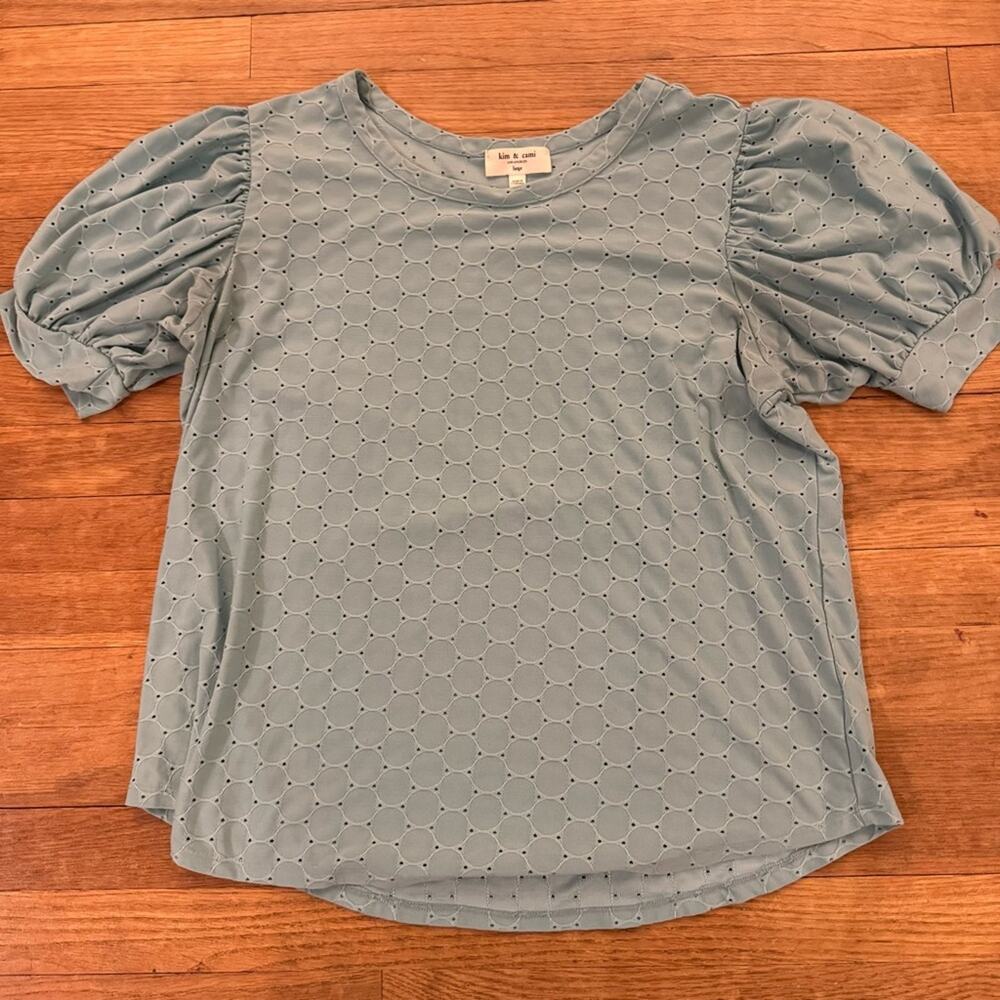 Kim & Cami blue short sleeve textured blouse shirt top size large L
 b66